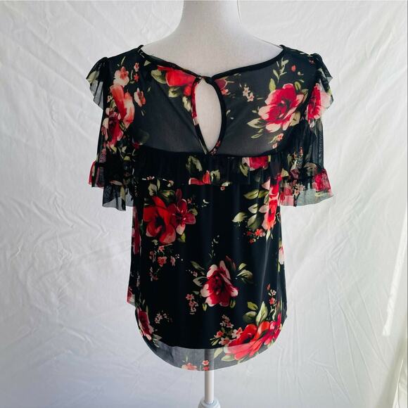 Sunday in Brooklyn Fabiana Floral Top Blouse Black Red Ruffles Sheer Scoop XS - Picture 5 of 10
